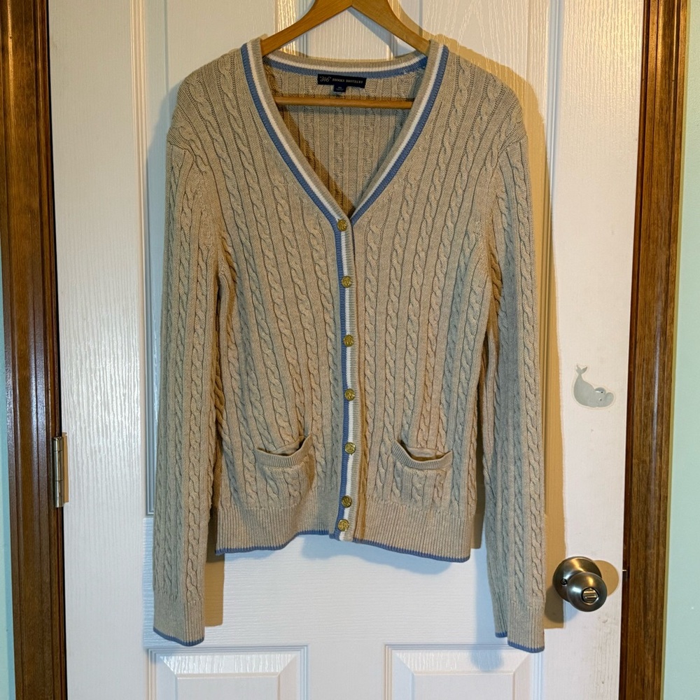 346 by Brooks Brothers 100% Supima Cotton Cable Knit Cardigan in Taupe XL